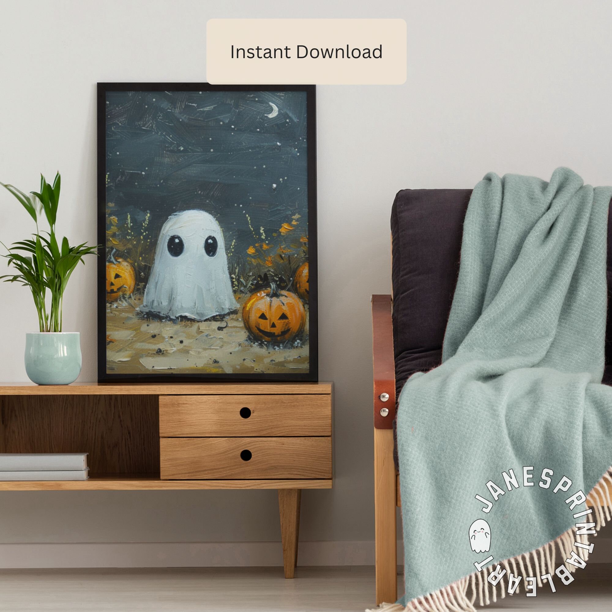 Ghost in Field Painting Printable Digital Art, Halloween Print Instant ...
