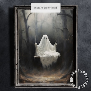 Cute Ghost on the Swing Art Print, Dark Academia Spooky Wall Art, Haunted Decor Wall Printable, Little Ghost on a Swing Digital Download