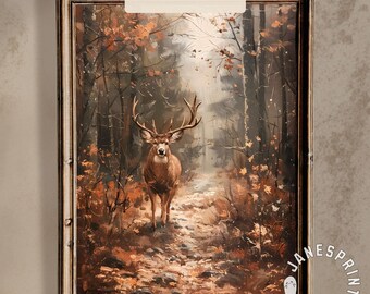 Cuadro de ciervo otoñal para imprimir, arte de pared, decoración de pared de granja con temática de bosque otoñal, descarga digital, lámina artística de ciervo en el bosque para descargar.