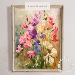 Vibrant Sweet Pea Flower Printable Wall Art, Sweetpea Print Downloadable Farmhouse Floral Decor, Vintage Sweet Pea Painting Digital Download
