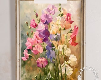 Vibrant Sweet Pea Flower Printable Wall Art, Sweetpea Print Downloadable Farmhouse Floral Decor, Vintage Sweet Pea Painting Digital Download