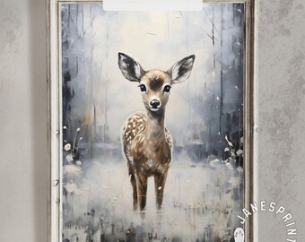 Cute Baby Deer in Winter Landscape Art Print, Woodland Animal Painting Digital Download, Fawn in Snow Forest Christmas Printable Wall Art