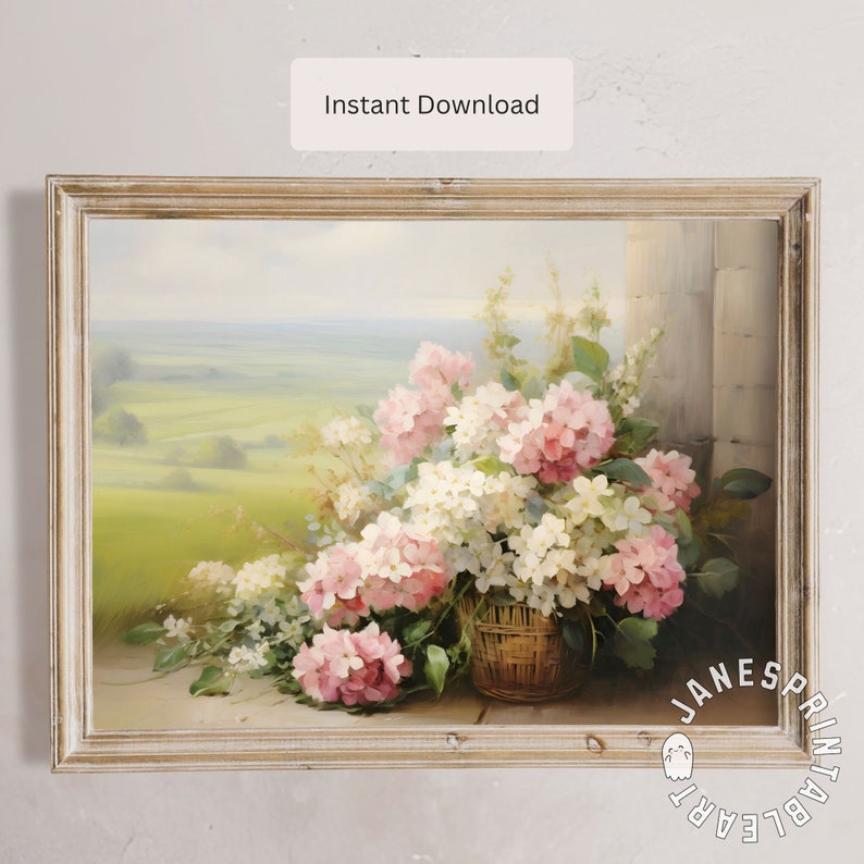 May include: A painting of a bouquet of pink and white hydrangeas in a wicker basket. The flowers are arranged in a vase and are set against a backdrop of a green field and a blue sky.