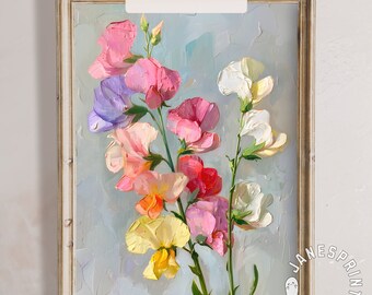 Sweet Pea Flowers Printable Wall Art, Vintage Spring Print Farmhouse Wall Decor, Floral Art Print, April Birth Month Flower Digital Download