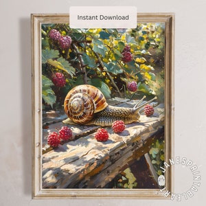 Impression d'art estival rustique avec escargot et framboises, image Cottagecore estival en téléchargement numérique, impression murale fille de jardin, décoration de ferme