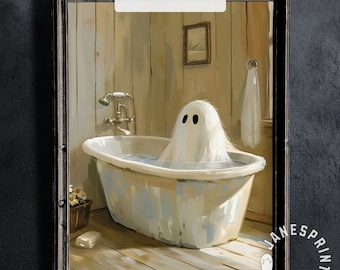 May include: A white ghost with two black eyes is taking a bath in a white bathtub with blue water. The bathtub is in a bathroom with wood paneling and a towel hanging on a hook.