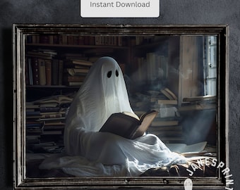 Realistic Ghost and Books Print Digital Download, Dark Academia Halloween Picture, Ghost Reading Printable Wall Art, Book Lover Horror Print