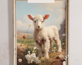 ヴィンテージの羊と子羊の油絵：田園風農家の壁アート、素朴な動物の