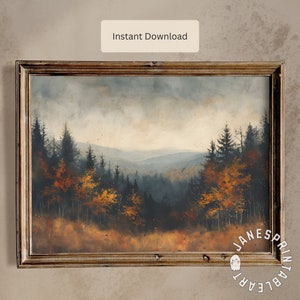 May include: A digital painting of a misty forest scene with a valley in the background. The trees are a mix of evergreens and deciduous trees with fall foliage in shades of orange, yellow, and brown.