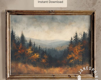 Lámina artística digital de bosque otoñal, paisaje otoñal melancólico para imprimir, arte mural, pintura de paisaje forestal vintage para decoración otoñal de estilo rústico.