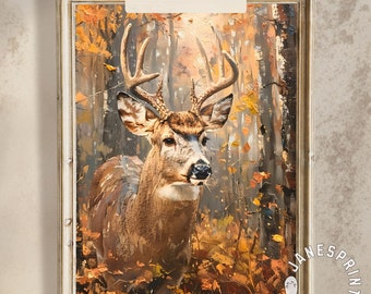 Cuadro al óleo de ciervo en tonos cálidos para decoración otoñal de granja, arte mural imprimible de bosque otoñal, descarga digital de lámina artística vintage de ciervo en el bosque