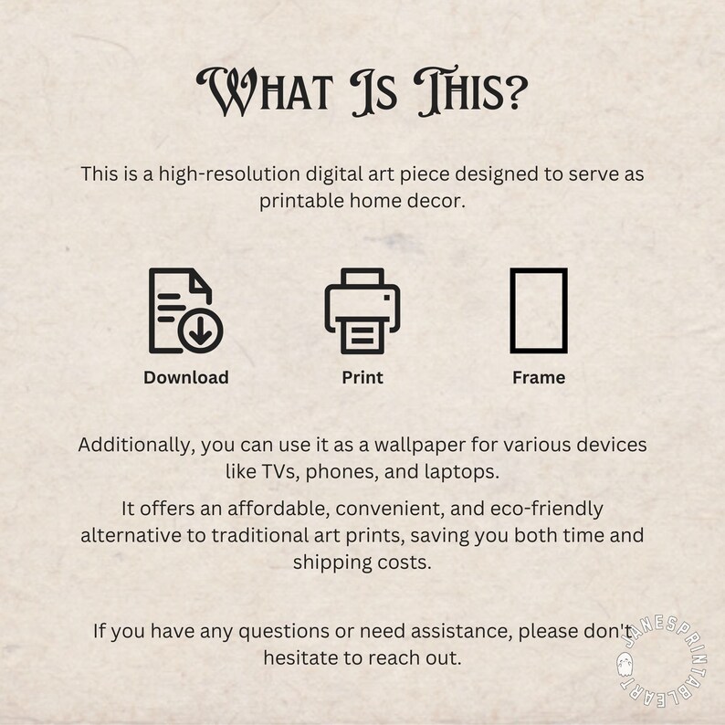 May include: A digital art print that can be downloaded, printed, and framed. The text "WHAT IS THIS?" is at the top of the image. The text "Download", "Print", and "Frame" are below three icons representing each action.