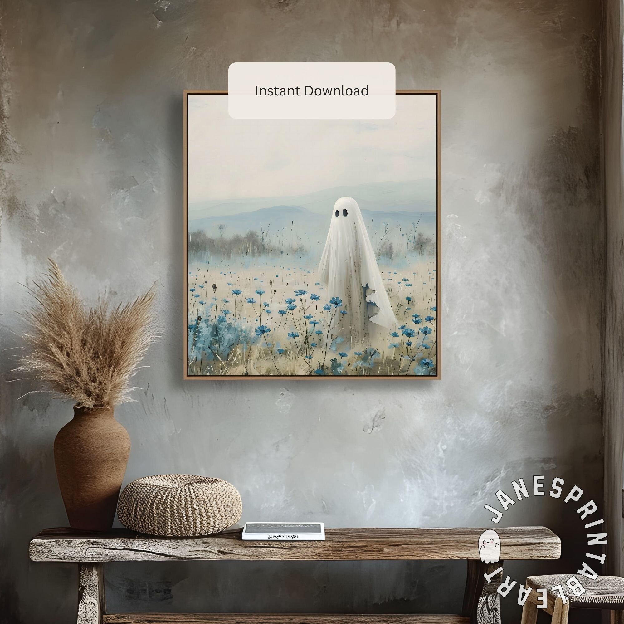 Floral Ghost Wall Art Instant Download, Ghost in Blue Wildflowers Field ...