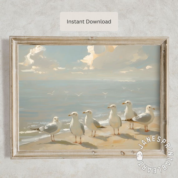 Landscape Painting with Sea and Seagulls Printable Wall Art, Vintage Coastal Print Digital Download, Beach House Decor Coastal Aesthetic