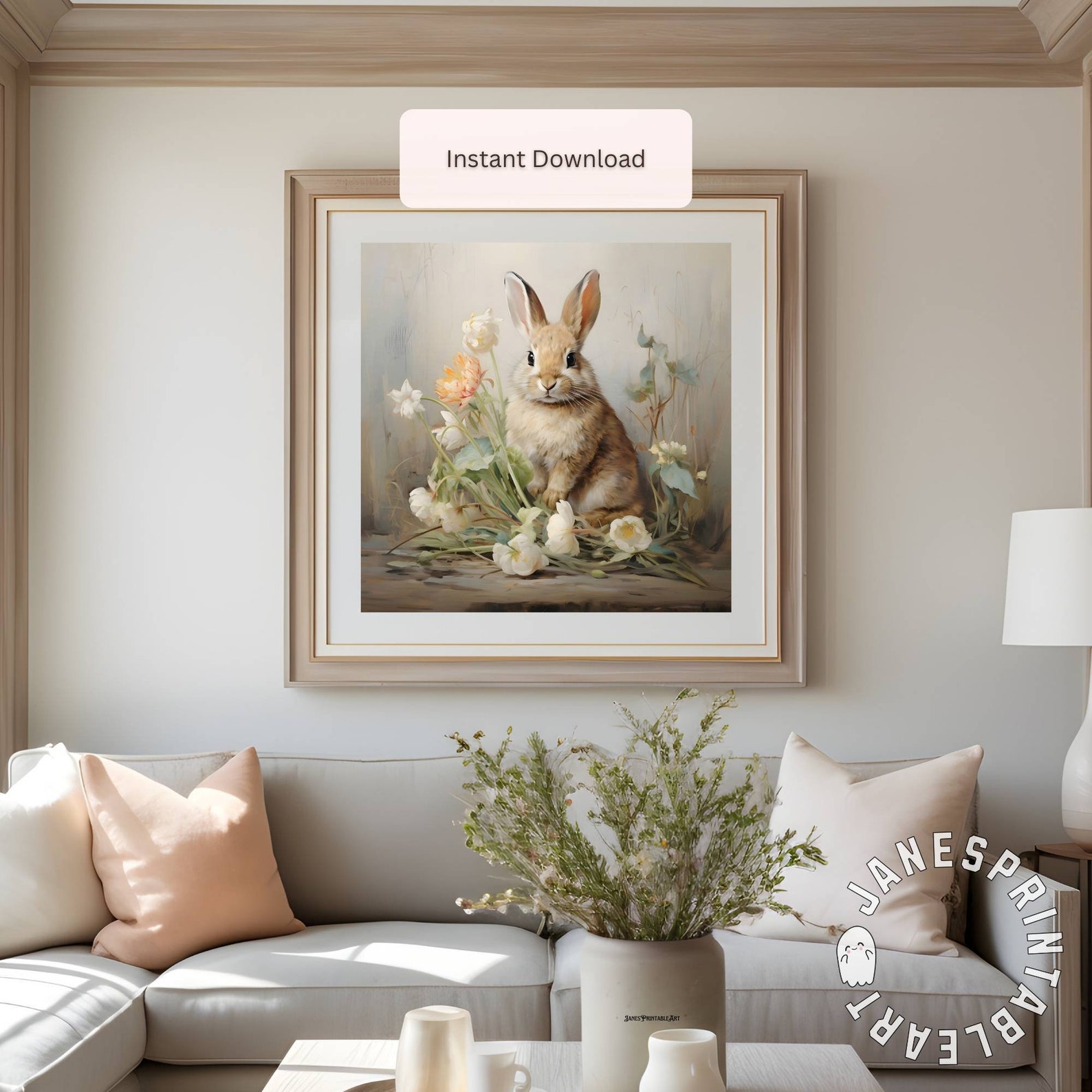 Spring Bunny Rabbit Printable Wall Art Digital Download, Floral Bunny ...