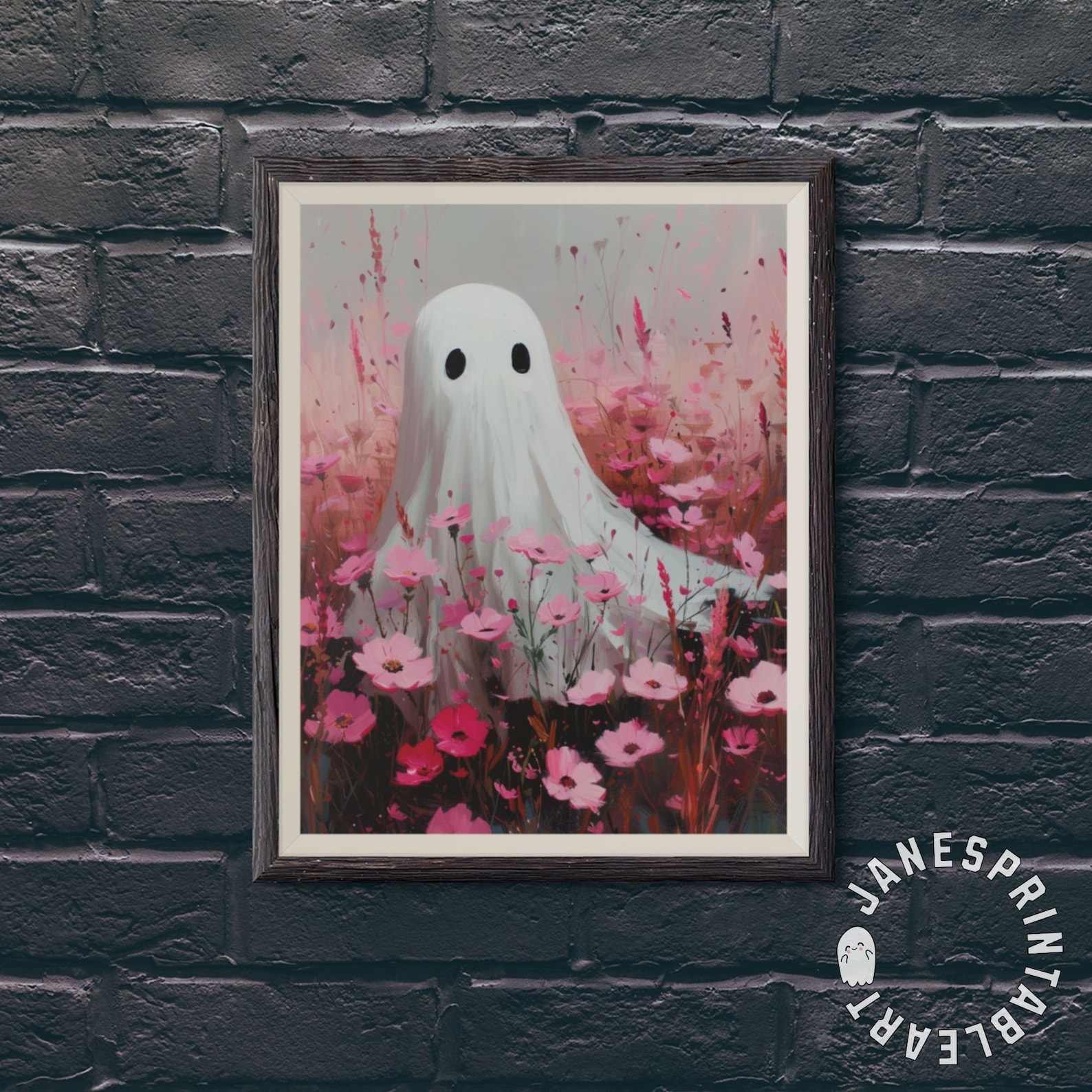 Cute Girly Ghost Among Pink Flowers Spooky Season Printable Wall Art ...