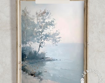 Pastel Blue Coastal Scene Printable Wall Art, Countryside Beach with Trees Print Digital Download, Vintage Seascape Picture Marine Aesthetic
