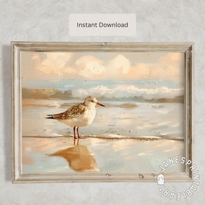 Single Sandpiper Bird Digital Download, Warm Neutral Tones Summer Nautical Art Print of Beach Bird, Sandpiper Painting Coastal Printable Art