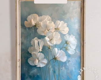 白いスイートピーの花の絵画デジタルダウンロード、花柄の夏のファームハウス装飾プリント可能なウォールアート、ヴィンテージスイートピープリントダウンロード可能