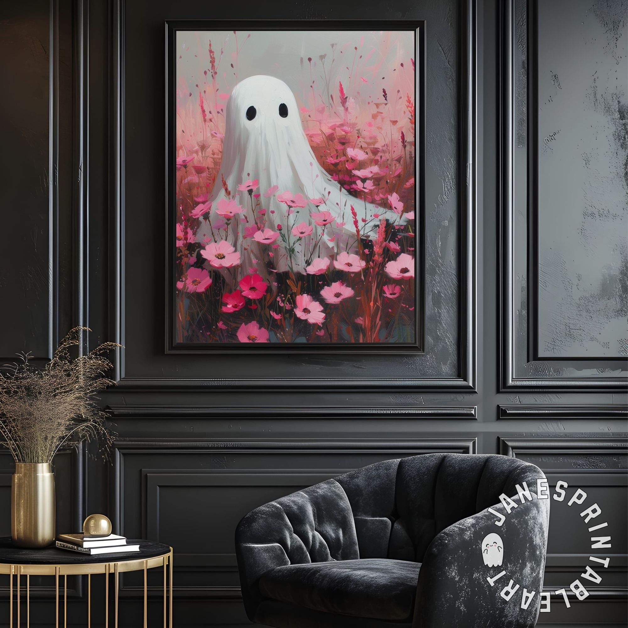 Cute Girly Ghost Among Pink Flowers Spooky Season Printable Wall Art ...