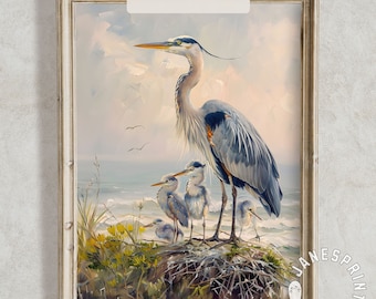 Great Blue Heron Printable Wall Art, Vintage Print of Ocean Birds Summer Nautical Art, Heron Oil Painting Digital Download, Shoreline Bird