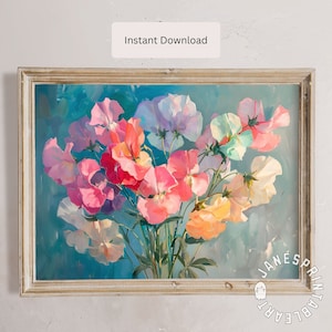 Sweet Pea Flowers Printable Wall Art, Floral Farmhouse Wall Picture, Vibrant Sweetpea Art Print Digital Download, Gardening Lover Artwork