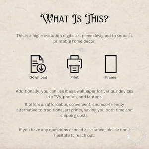 Op de afbeelding: Een digitale kunstprint die gedownload, afgedrukt en ingelijst kan worden. De tekst "WHAT IS THIS?" staat bovenaan de afbeelding. De tekst "Download", "Print" en "Frame" staan onder drie pictogrammen die elk een actie voorstellen.