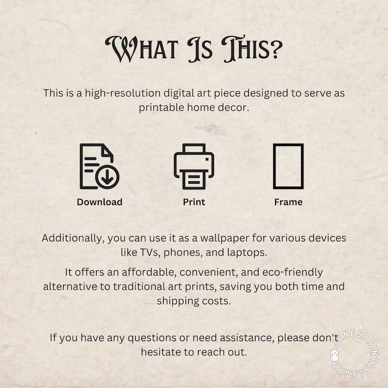 Op de afbeelding: Een digitale kunstprint die gedownload, afgedrukt en ingelijst kan worden. De tekst "WHAT IS THIS?" staat bovenaan de afbeelding. De tekst "Download", "Print" en "Frame" staan onder drie pictogrammen die elk een actie voorstellen.
