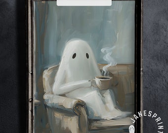 Ghost Drinking Coffee Printable Wall Art, Cozy Kitchen Print for Ghost Lover Digital Download, Spooky Cute Halloween Ghost Coffee Painting
