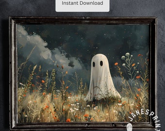 Fall Ghost Picture Printable Wall Art, Dark Academia Spooky Decor Digital Download, Fall Ghost Landscape Painting Instant Download Halloween