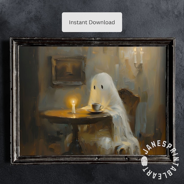 Ghost Drinking Coffee Digital Download, Halloween Cute Ghost Coffee Print Instant Download, Dark Academia Printable Wall Art Spooky Season