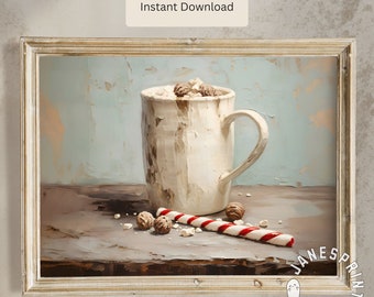 Puede incluir: Impresión enmarcada de una taza de chocolate caliente con crema batida y caramelos. Un bastón de caramelo a rayas rojas y blancas y trufas de chocolate están sobre la mesa. El texto "Instant Download" está en la parte superior central.