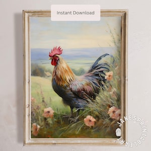 以下が含まれることがあります： 背の高い草と野花が咲く野原に立つ雄鶏の絵。雄鶏は茶色、黒、白で、赤い鶏冠と肉垂れがある。背景は白い雲のある青い空です。