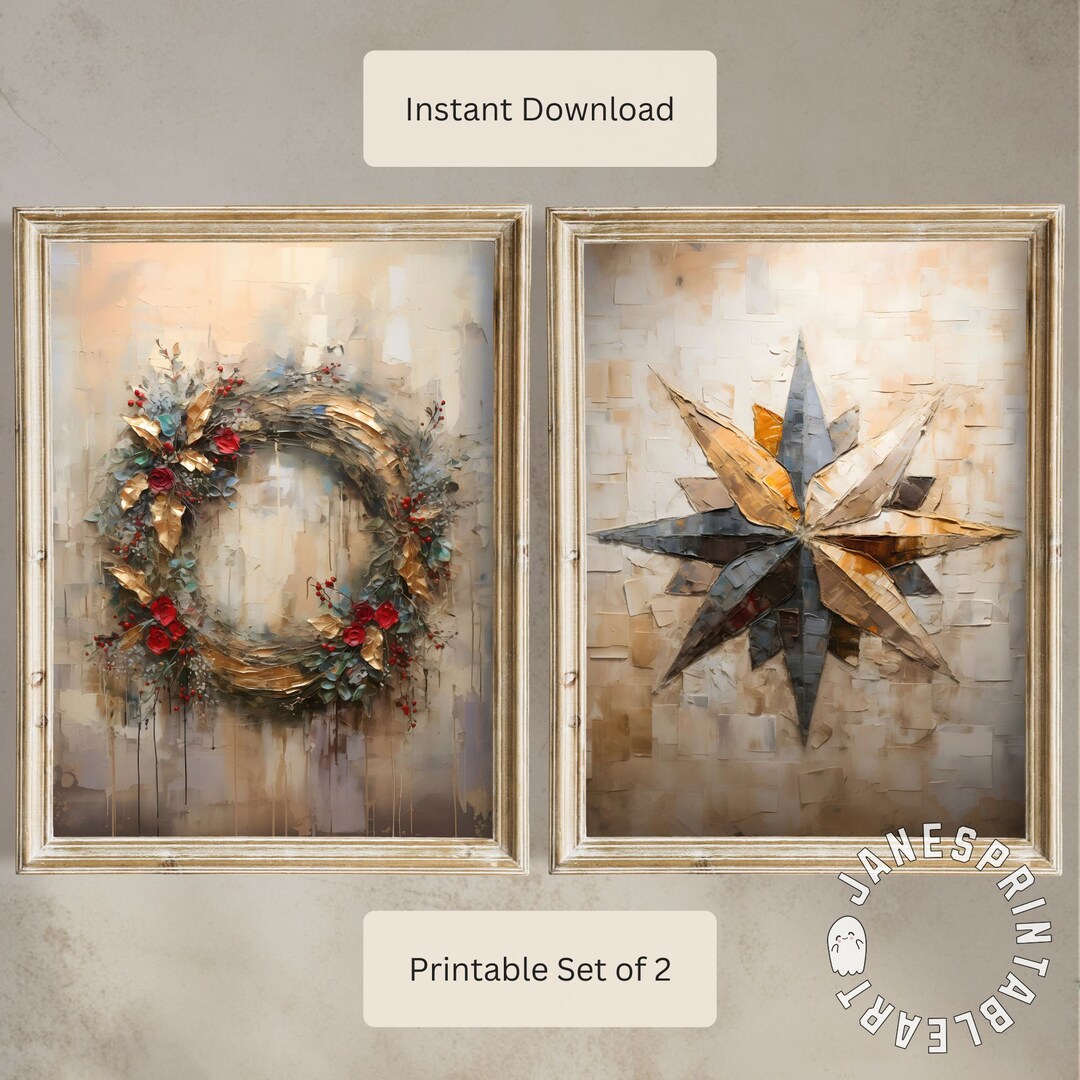 Vintage Christmas Wall Art Set of 2, Winter Holiday Print Set Digital ...
