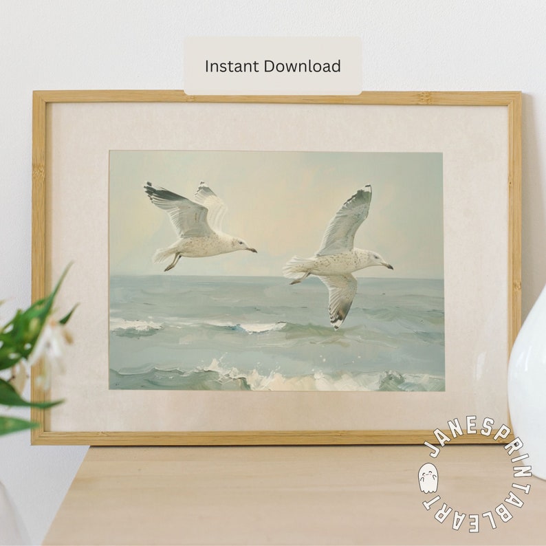 Coastal Landscape With Seagulls Printable Wall Art, Blue Vintage Sea ...