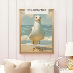 Seagull on the Beach Printable Wall Art, Coastal Print for Bird Lovers ...