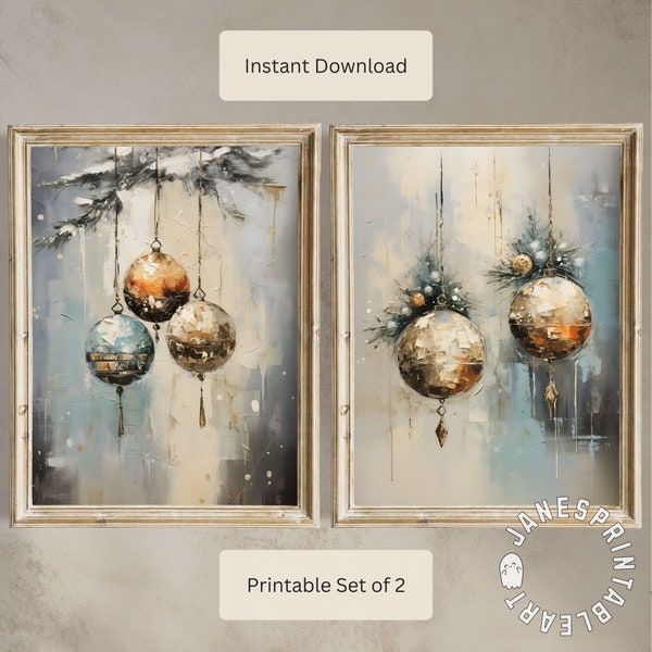 Winter Wall Art Set of 2 Printable Pictures of Christmas Ornaments, Vintage Farmhouse Set of 2 Wall Print Paint Instant Digital Download