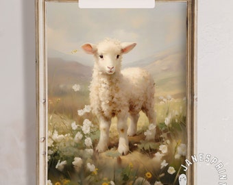 Baby Sheep Painting Digital Download, Neutral Pastoral Scene with a Lamb for Easter Farmhouse Decor, Cute Sheep in Field Printable Wall Art