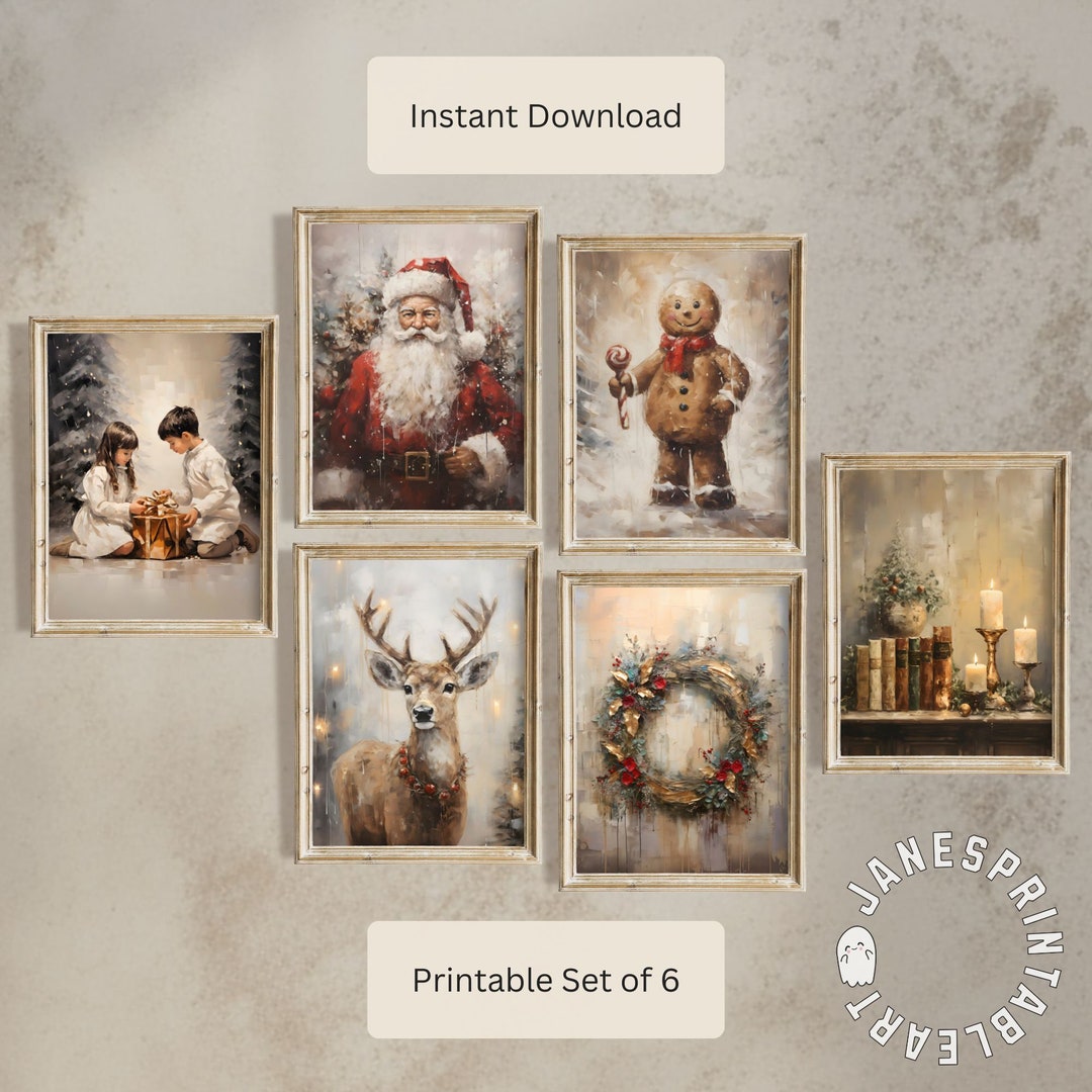 Winter Christmas Printable Wall Art Set of 6 Prints, Vintage Holiday ...