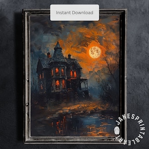 Haunted House Printable Wall Art, Halloween Wall Art Digital Print, Fall Spooky Downloadable Wall Art, Halloween Poster Digital Download