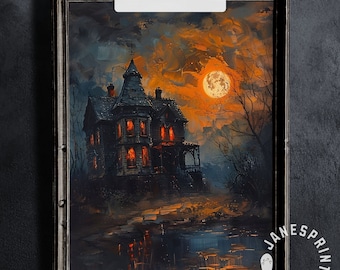 Haunted House Printable Wall Art, Halloween Wall Art Digital Print, Fall Spooky Downloadable Wall Art, Halloween Poster Digital Download