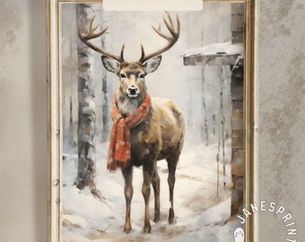 Cozy Winter Print Poster of a Reindeer in a Scarf, Christmas Reindeer Wall Print for Holiday Wall Decor, Deer Preppy Painting to Download