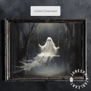 Ghost Painting Landscape Digital Download, Spooky Ghost on a Swing in the Woods, Dark Academia Wall Art Victorian Halloween Picture to Print