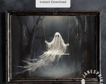 Ghost Painting Landscape Digital Download, Spooky Ghost on a Swing in the Woods, Dark Academia Wall Art Victorian Halloween Picture to Print
