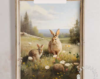 Lapins dans un champ d'art en téléchargement numérique, deux lapins parmi les fleurs sauvages, art mural imprimable, champ de printemps avec couple de lapins, peinture à l'huile