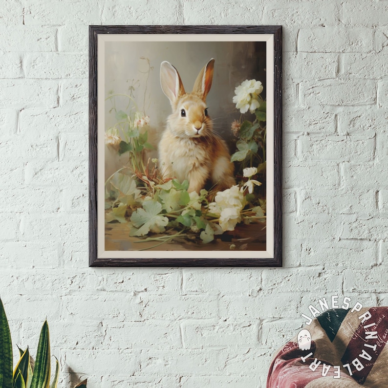 Floral Bunny Wall Art Print Digital Download, Cute Rabbit Amidst ...