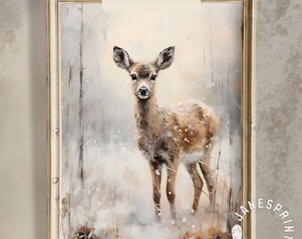Cute Baby Deer Painting Printable for Holiday Season Wall Decor, Nursery Fawn Picture to Download, Winter and Christmas Digital Download