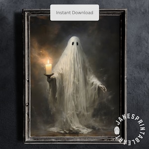 Viktorianischer Geist druckbare Porträt, Dark Academia Spooky Halloween Wand Kunst Sofortiger digitaler Download, Geist mit Kerze Vintage Gemälde