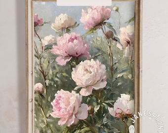 Digital Download Wall Art Peonies, Pink Floral Print Spring Printable, Soft Pink Oil Painting with Flowers, Pastel Vintage Peonies Picture