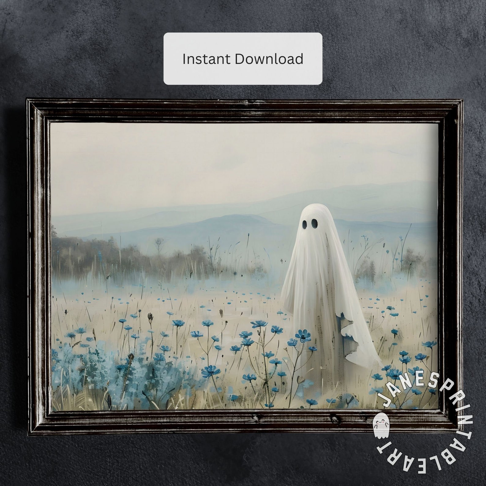 Light Blue Ghost Painting Digital Download, Cute Ghost in Wildflowers ...